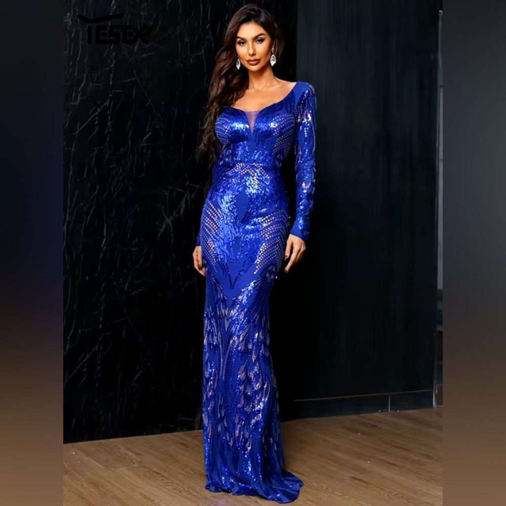 Royal Blue Sequin Maxi Dress with Long Sleeves - Women's Evening Gown